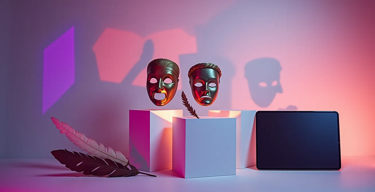 Escena teatral moderna con máscaras clásicas reimaginadas y elementos contemporáneos