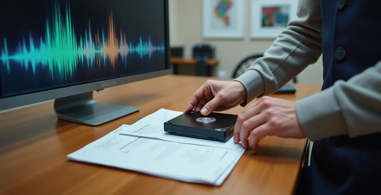 Mesa de trabajo con disco duro, documentos de certificación y pantalla mostrando formas de onda de video sin texto visible