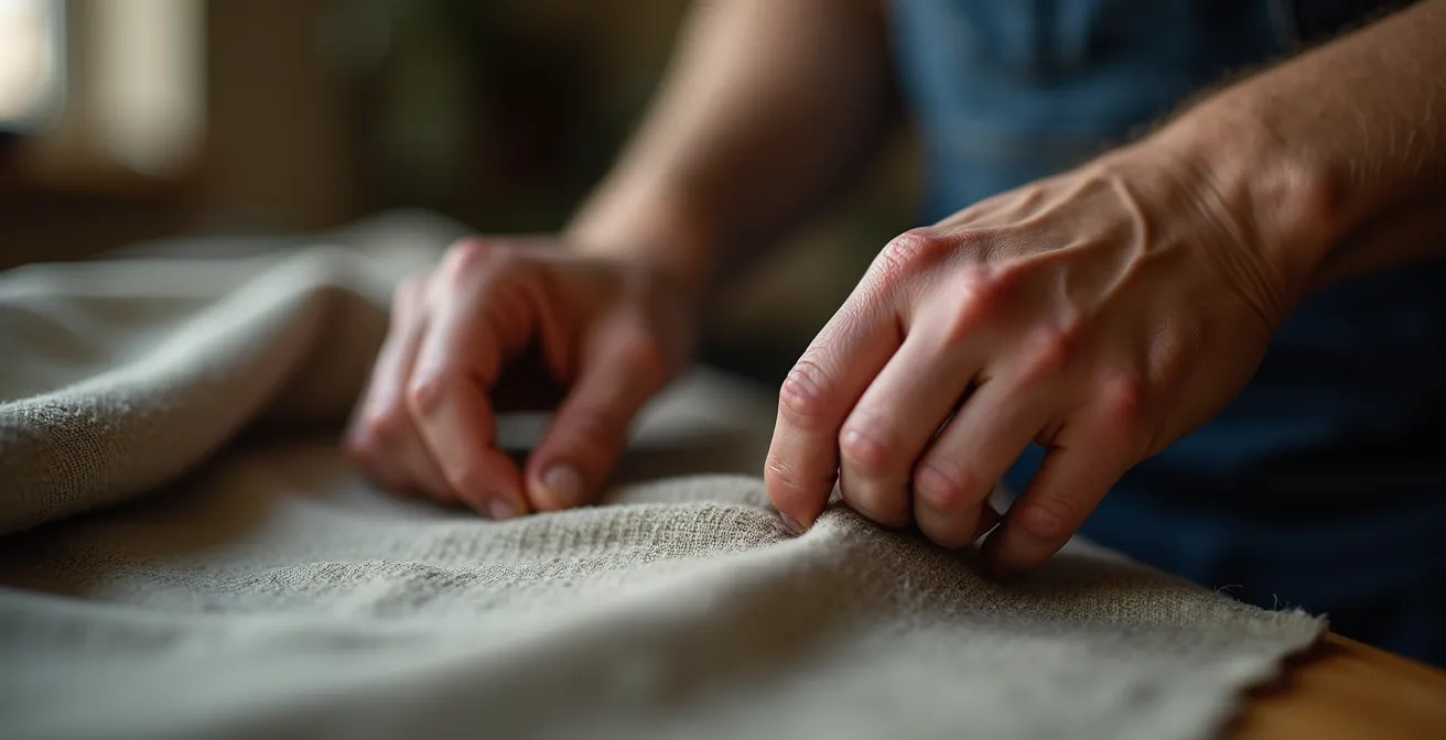 Artesano español trabajando con tejidos de alta calidad en taller tradicional