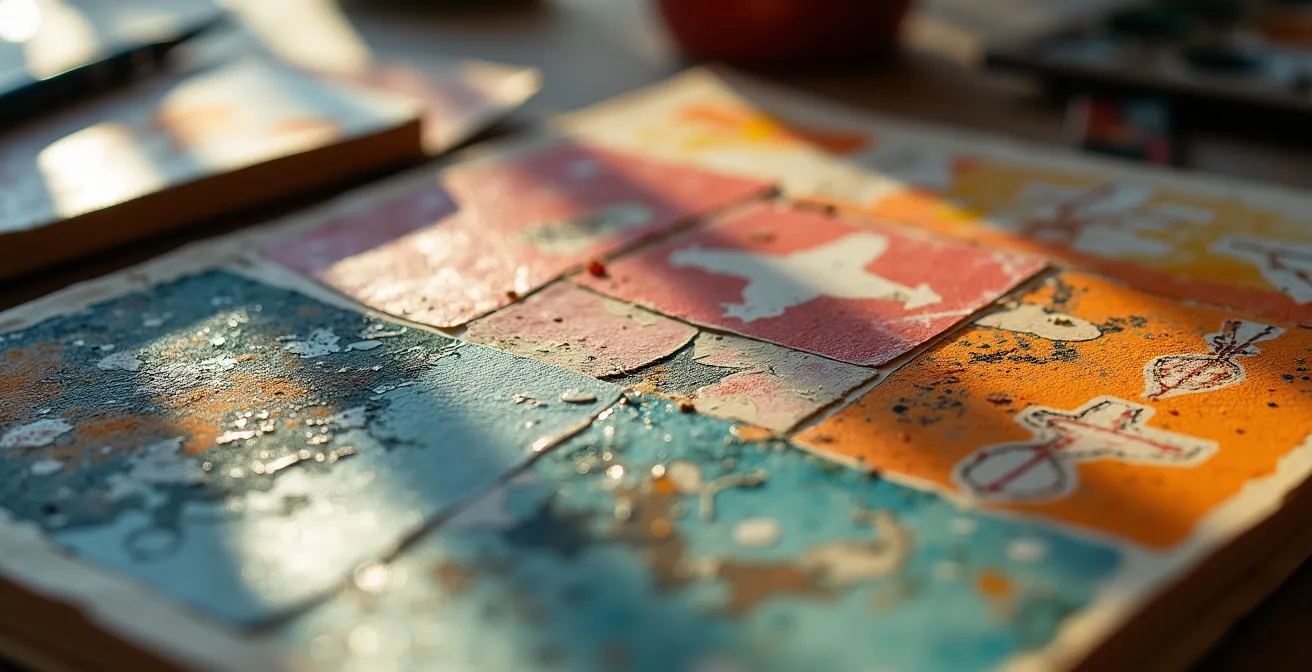 Mesa de trabajo artístico con portfolio abierto mostrando obras abstractas y herramientas de arte