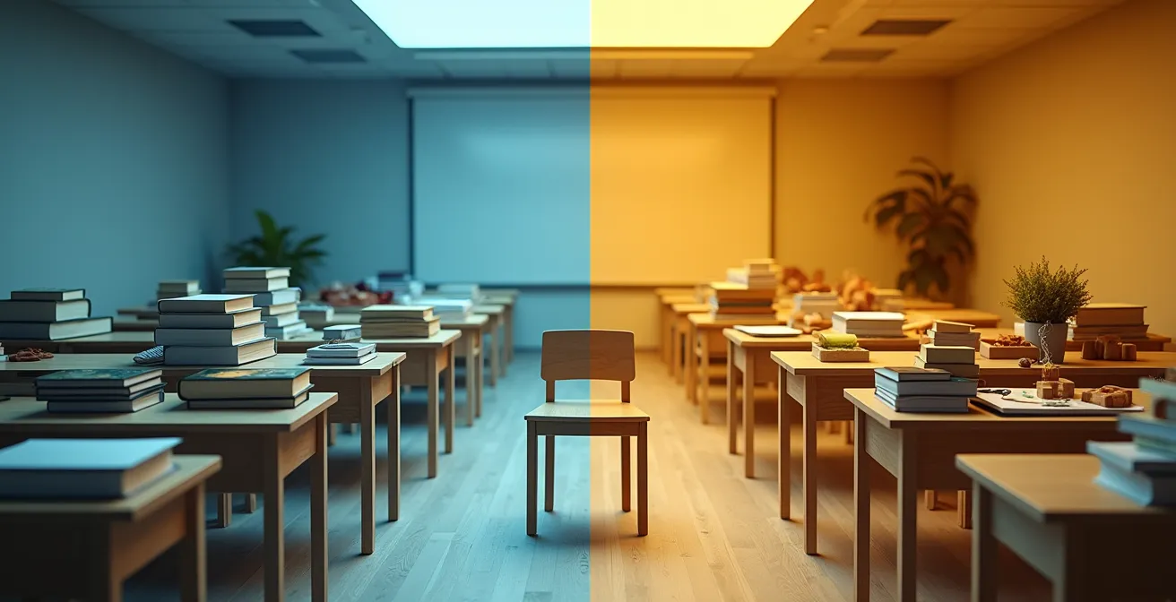 Aula finlandesa con niños realizando actividades prácticas de forma autónoma