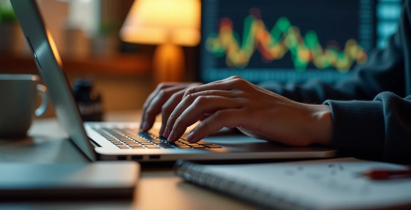 Creador de contenido preparando campaña de crowdfunding en ordenador portátil con gráficos de progreso