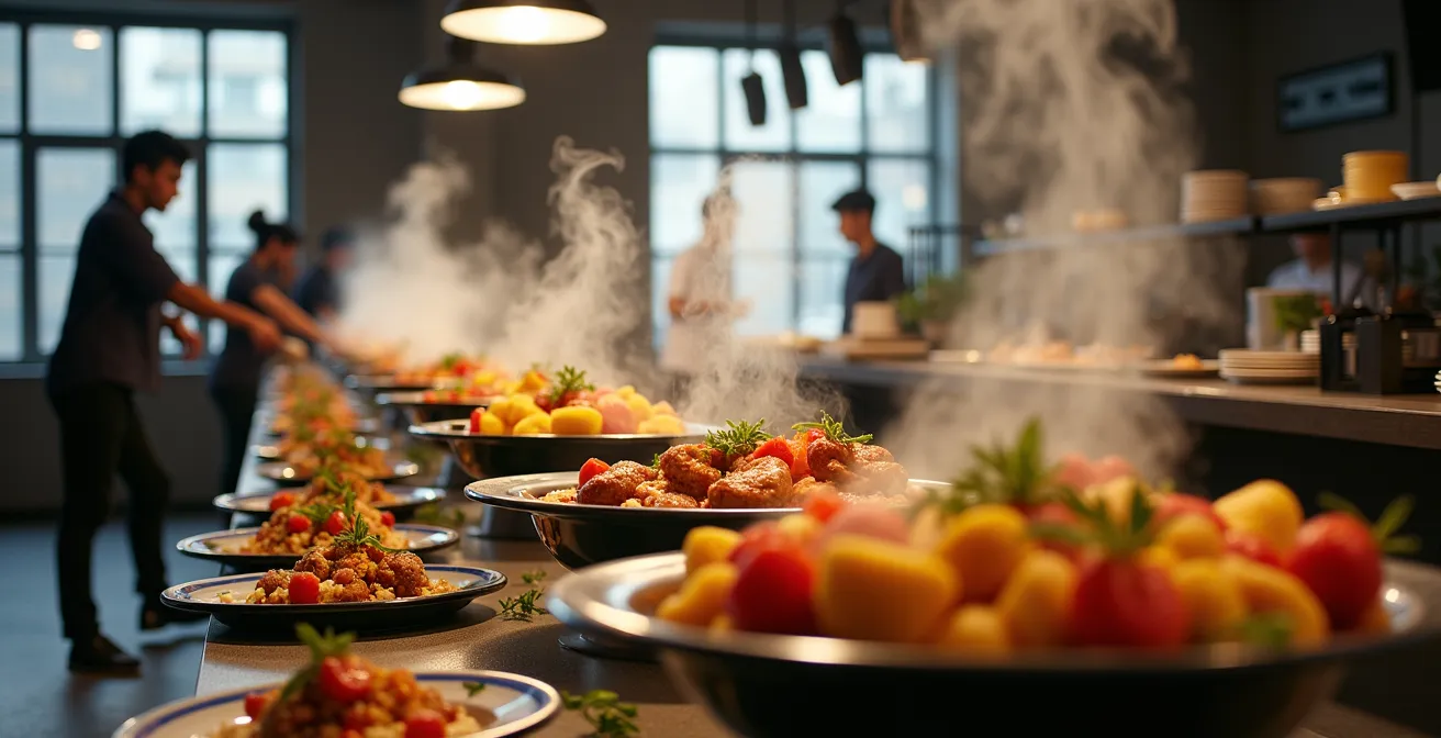 Mesa de catering profesional preparada para equipo de rodaje audiovisual