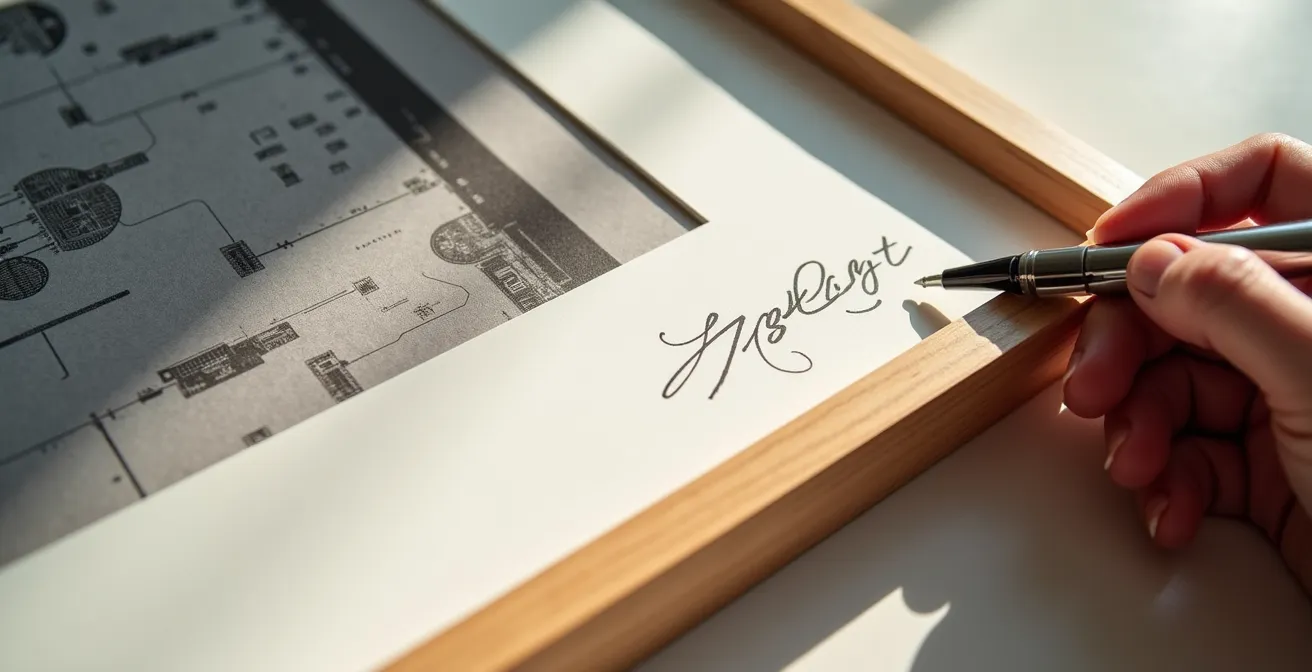 Detalle de obra enmarcada mostrando firma manual y discreto chip NFC