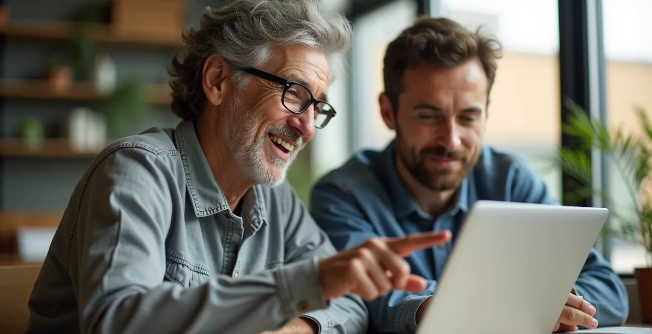 Un opositor veterano y uno más joven colaboran frente a una pantalla, intercambiando ideas y conocimientos en un ambiente de aprendizaje mutuo.