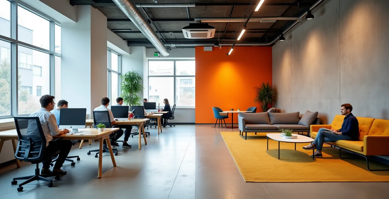 Contraste visual entre oficina corporativa tradicional y espacio de trabajo startup moderno