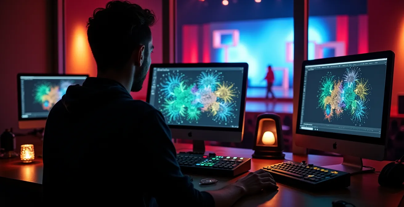 Mesa de control técnico en teatro con pantallas mostrando interfaces de software de mapping