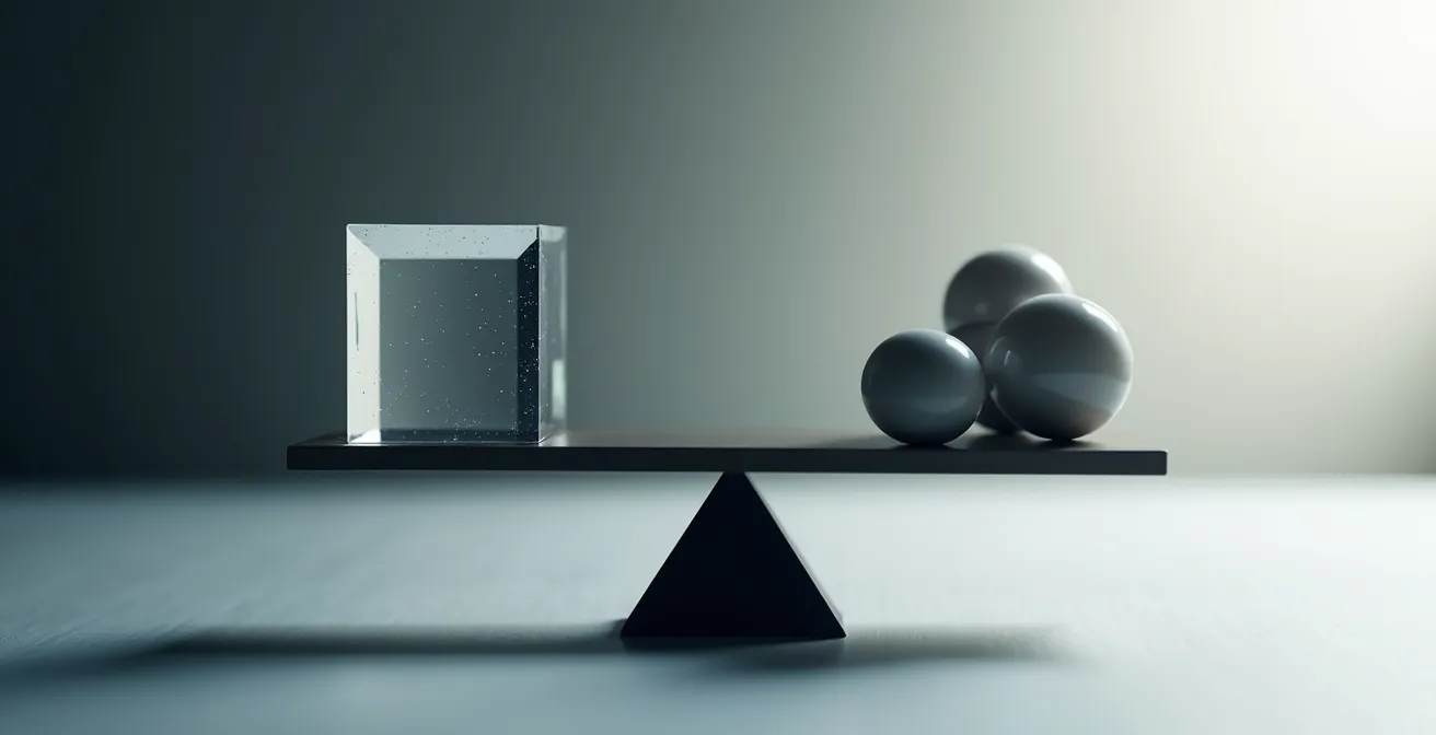 Balanza conceptual que compara un bloque grande (máster oficial) en un platillo con varios bloques pequeños (cursos homologados) en el otro, mostrando la diferencia de peso y volumen.