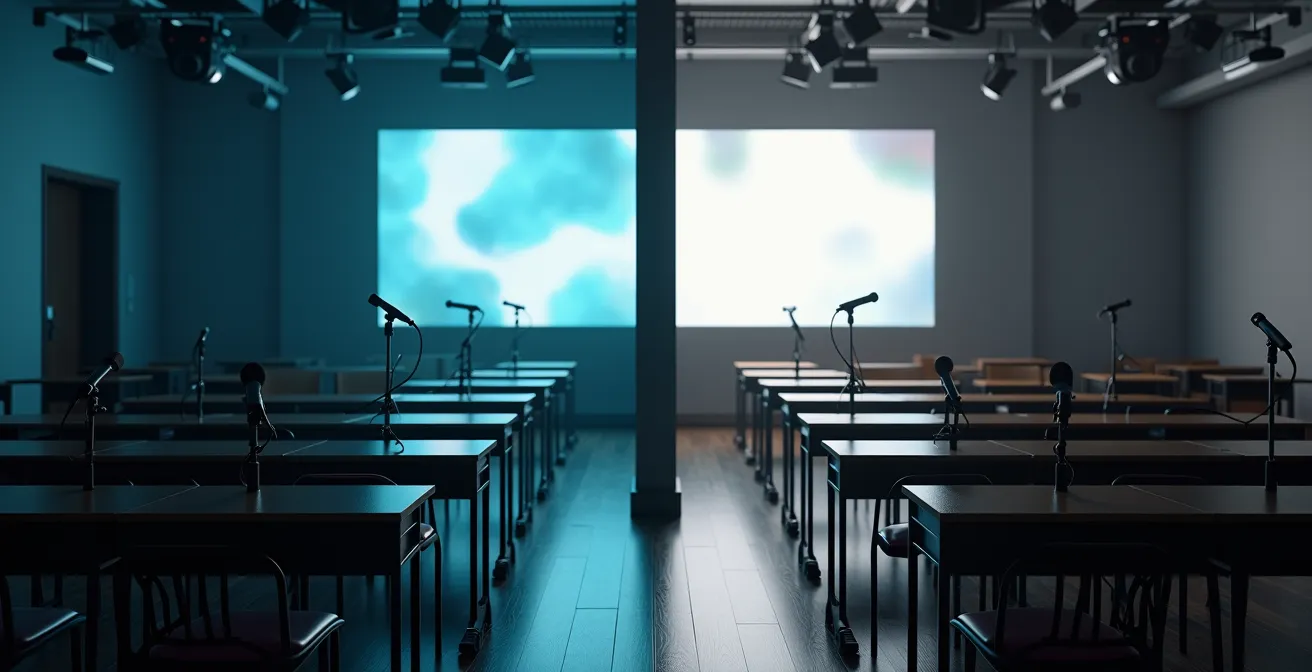 Comparación visual entre un debate televisivo caótico y un aula de examen EBAU ordenada