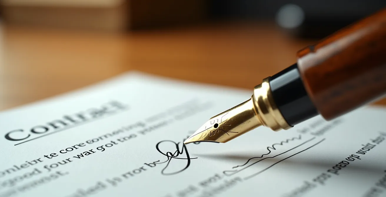 Detalle macro de firma de contrato artístico con pluma estilográfica sobre documento