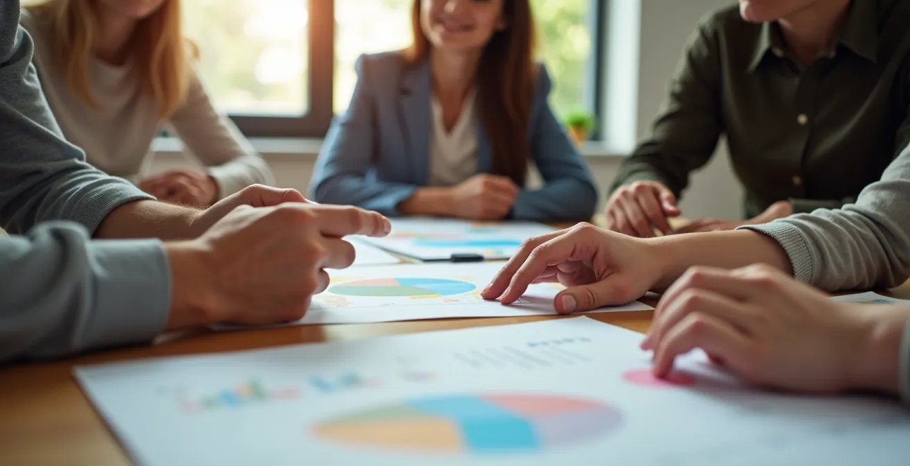 Mesa redonda de coordinación educativa con documentos de planificación y herramientas colaborativas
