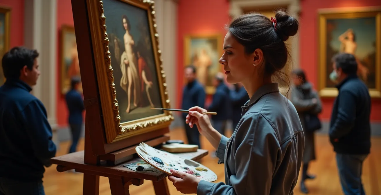 Artista copista pintando en la sala de Velázquez del Museo del Prado