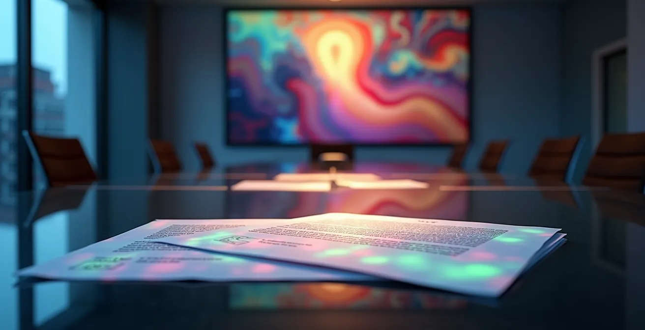 Mesa de negociación con documentos legales difuminados y proyección láser de una pintura clásica reflejándose en cristal