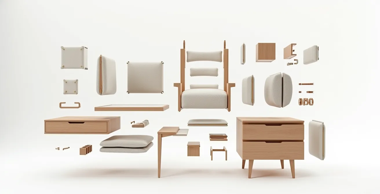 Producto modular desmontado mostrando sus componentes separados para reciclaje