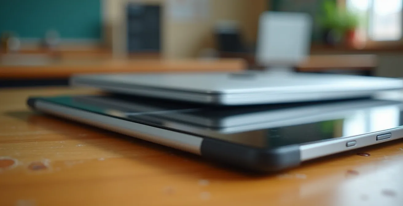 Comparación visual de dispositivos tecnológicos en un aula española moderna