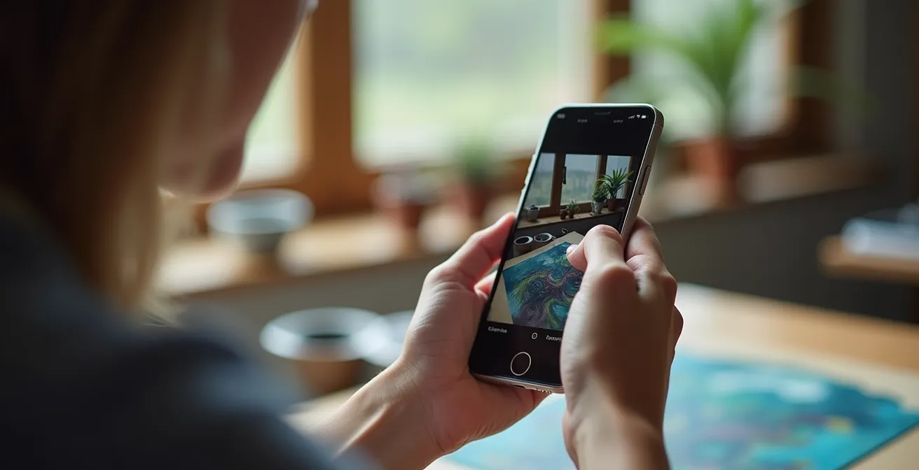 Artista documentando el estado de una pintura con smartphone, capturando detalles en luz natural