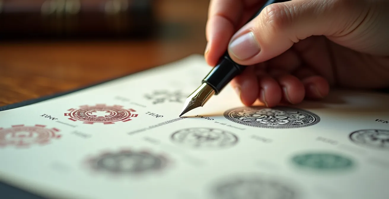 Primer plano de manos firmando documentos con pluma estilográfica sobre escritorio de madera