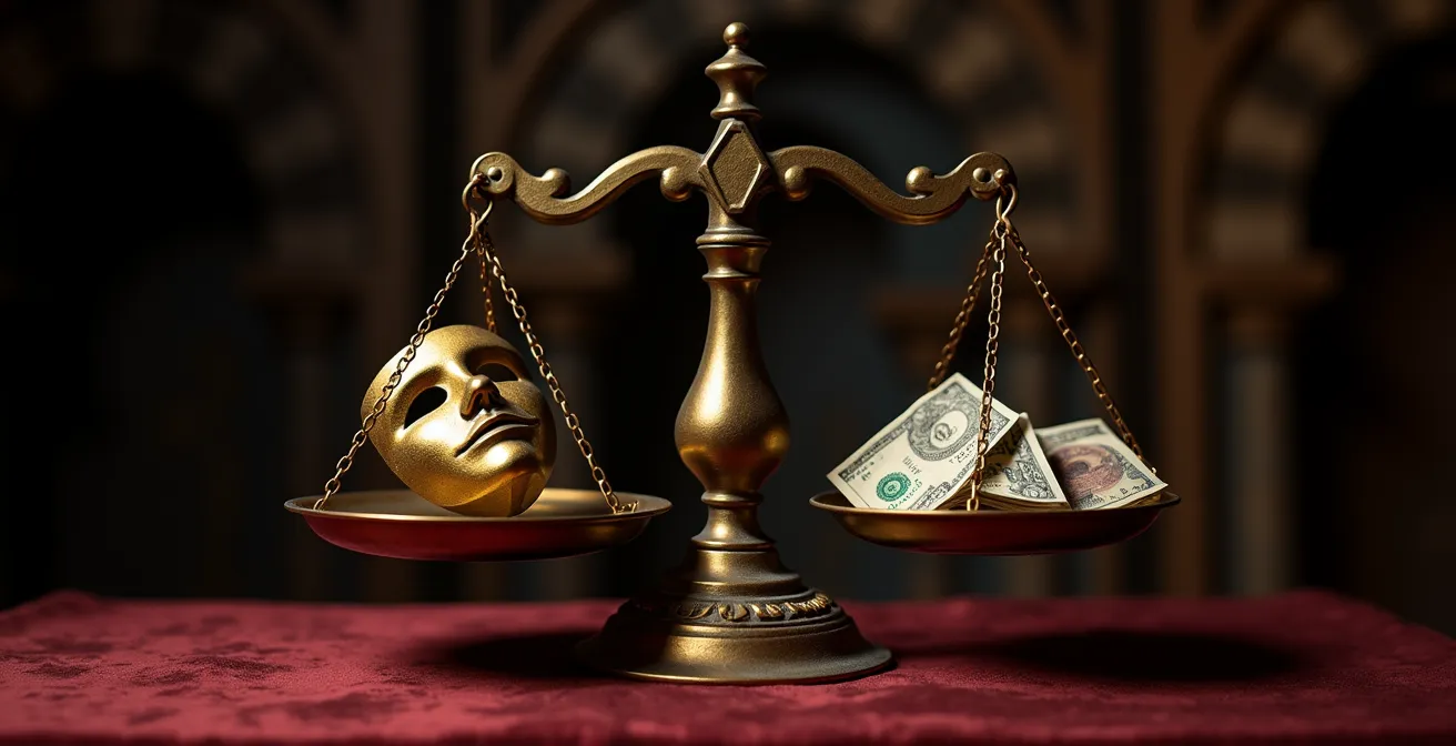 Balanza antigua de latón con máscaras de teatro en un lado y monedas abstractas en el otro