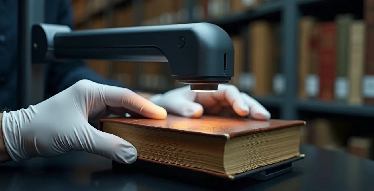 Escáner cenital profesional digitalizando libro antiguo en archivo