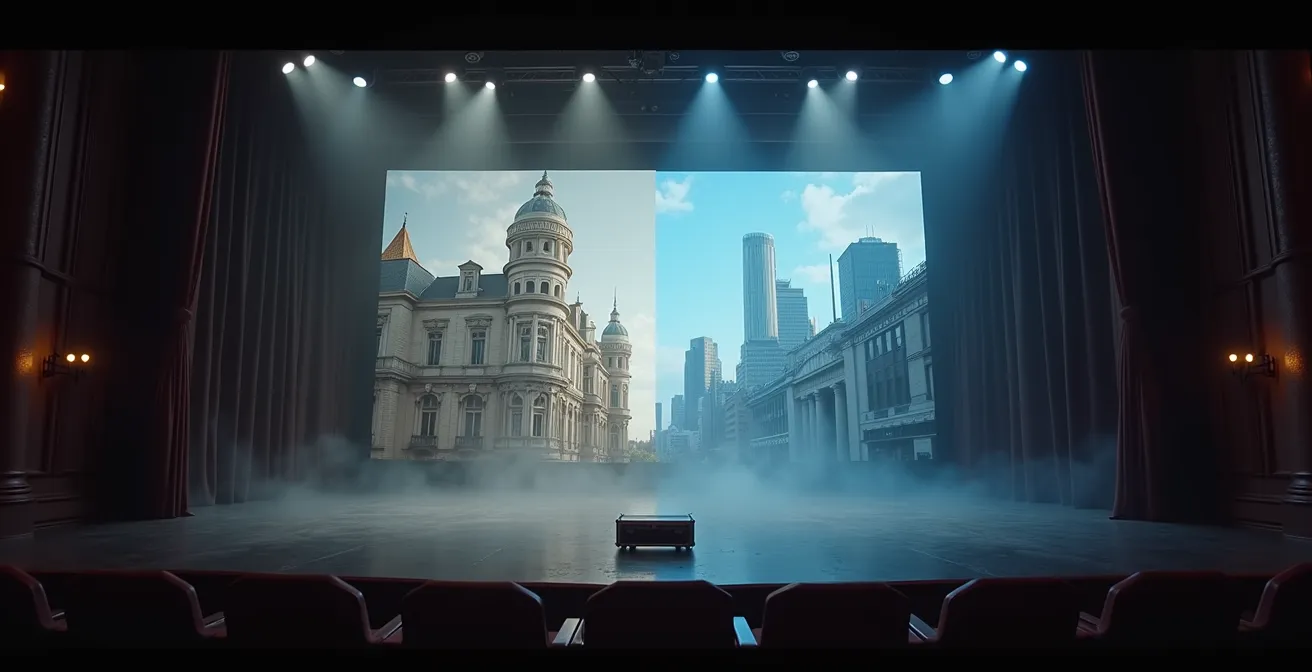 Escenario vacío transformado con proyección digital mostrando diferentes ambientes teatrales