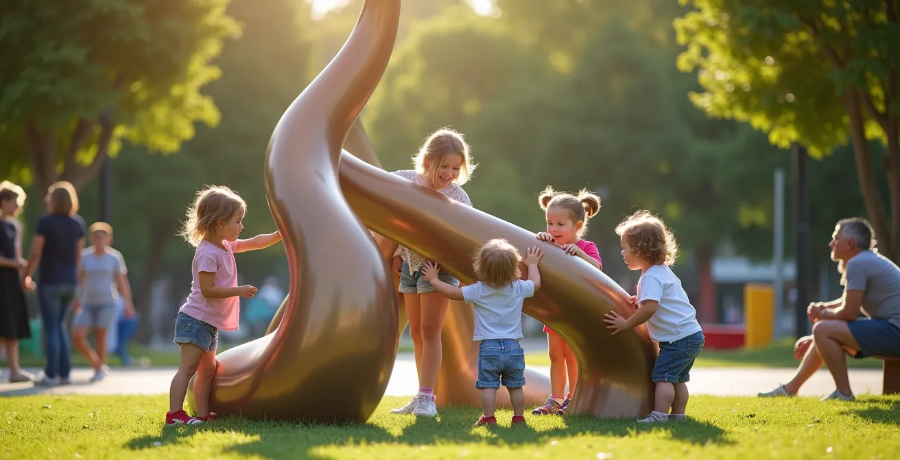 Niños interactuando con escultura de formas orgánicas redondeadas en parque español, superficies suaves sin aristas
