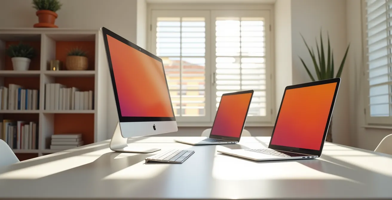 Espacio de trabajo remoto con múltiples dispositivos mostrando colaboración digital