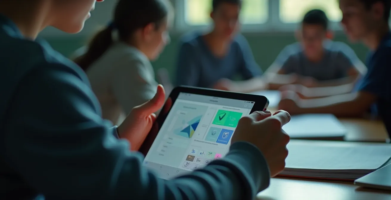 Manos de estudiante intentando acceder a configuración de red en tablet escolar