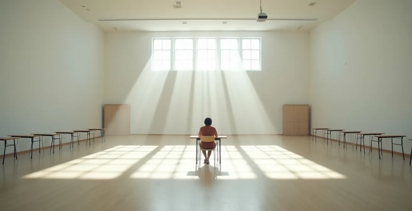 Estudiante en examen EBAU teniendo un momento de inspiración creativa