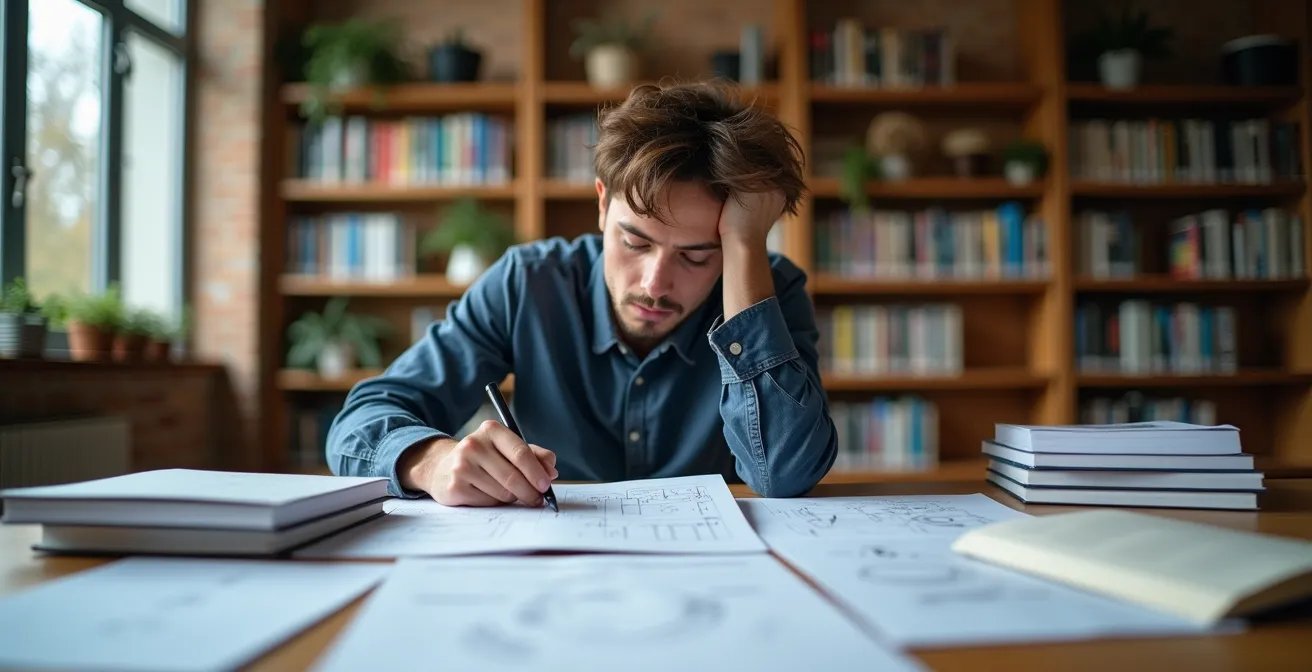 Estudiante de ingeniería trabajando intensamente con ecuaciones matemáticas complejas en biblioteca universitaria