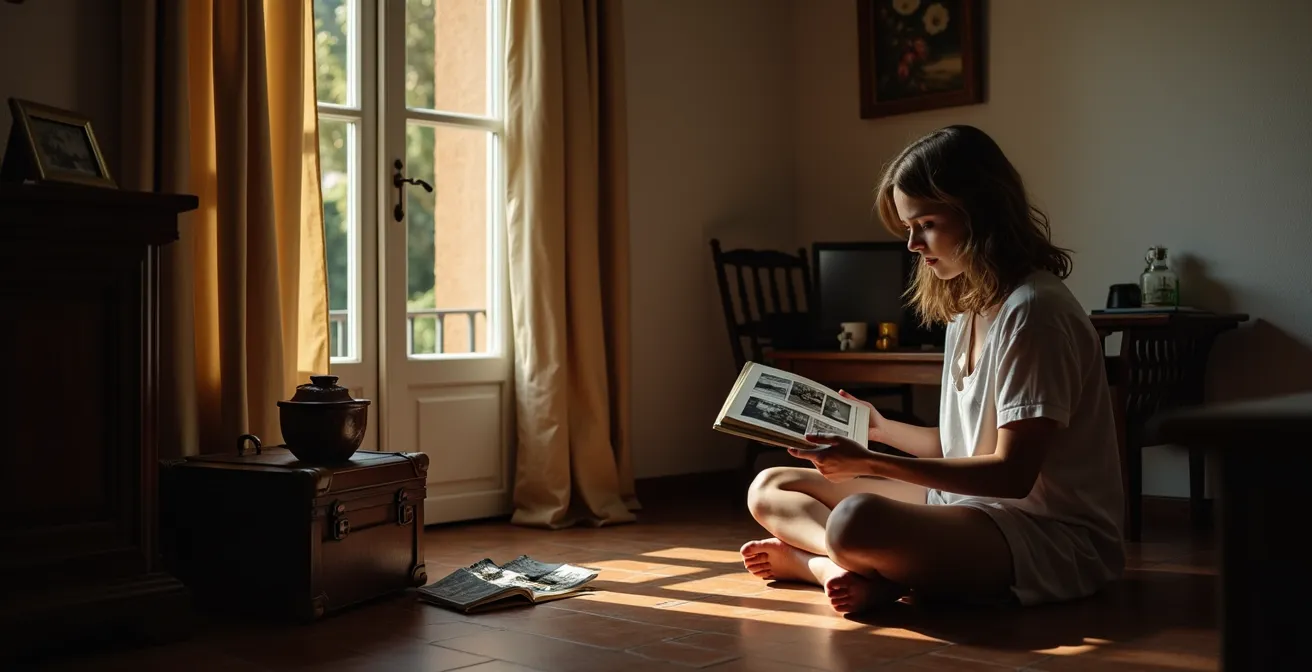 Joven estudiante sentado en habitación contemplando álbum de fotos con expresión nostálgica