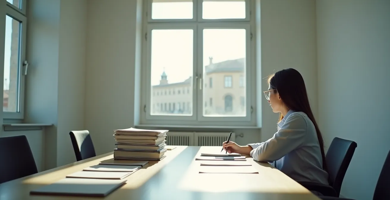 Estudiante universitario concentrado revisando papeles en escritorio con sello de universidad