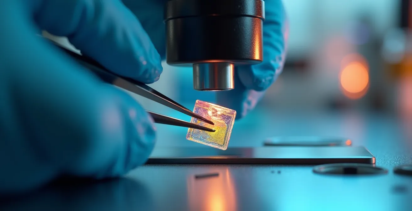 Joven becaria analizando una muestra pictórica con microscopio en el laboratorio del IPCE
