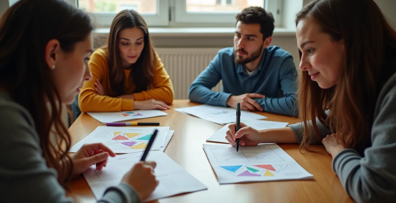 Estudiantes evaluando trabajo en equipo con rúbricas en aula española