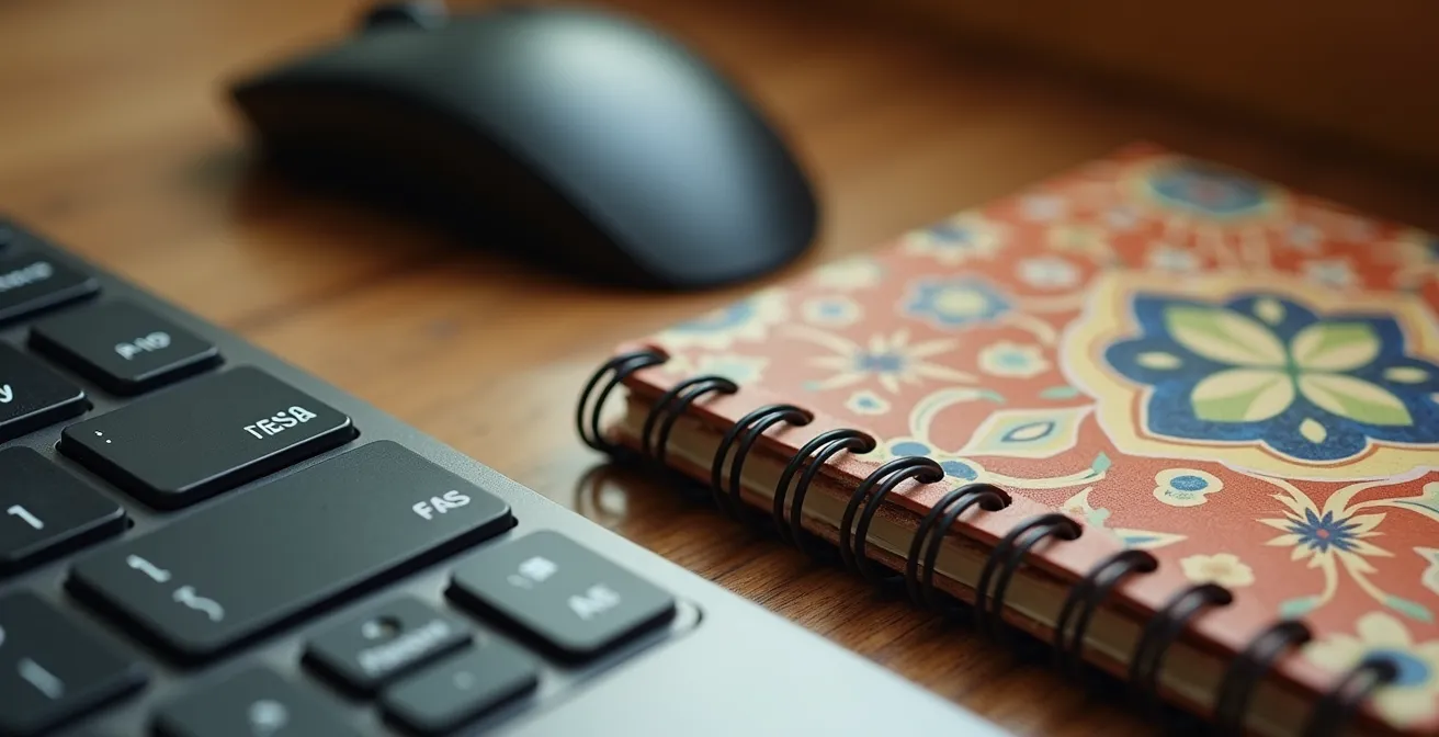 Vista macro de herramientas digitales de productividad en escritorio profesional