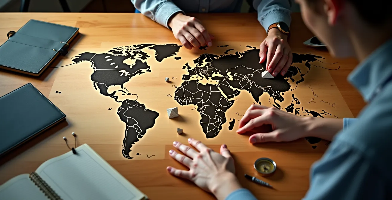 Investigador español planificando su estancia postdoctoral internacional con mapa de centros de investigación europeos