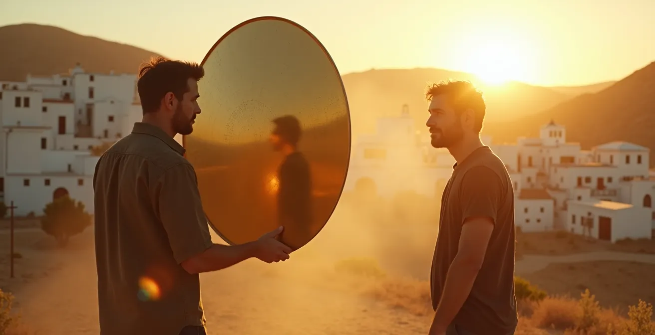 Equipo de rodaje usando reflector dorado bajo el sol andaluz con pueblo blanco de fondo