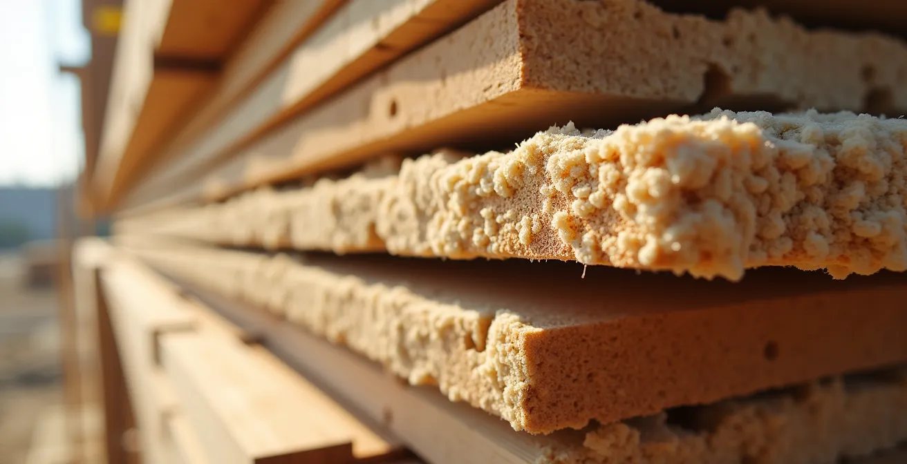 Detalle macro de madera contralaminada y fibras de cáñamo en construcción