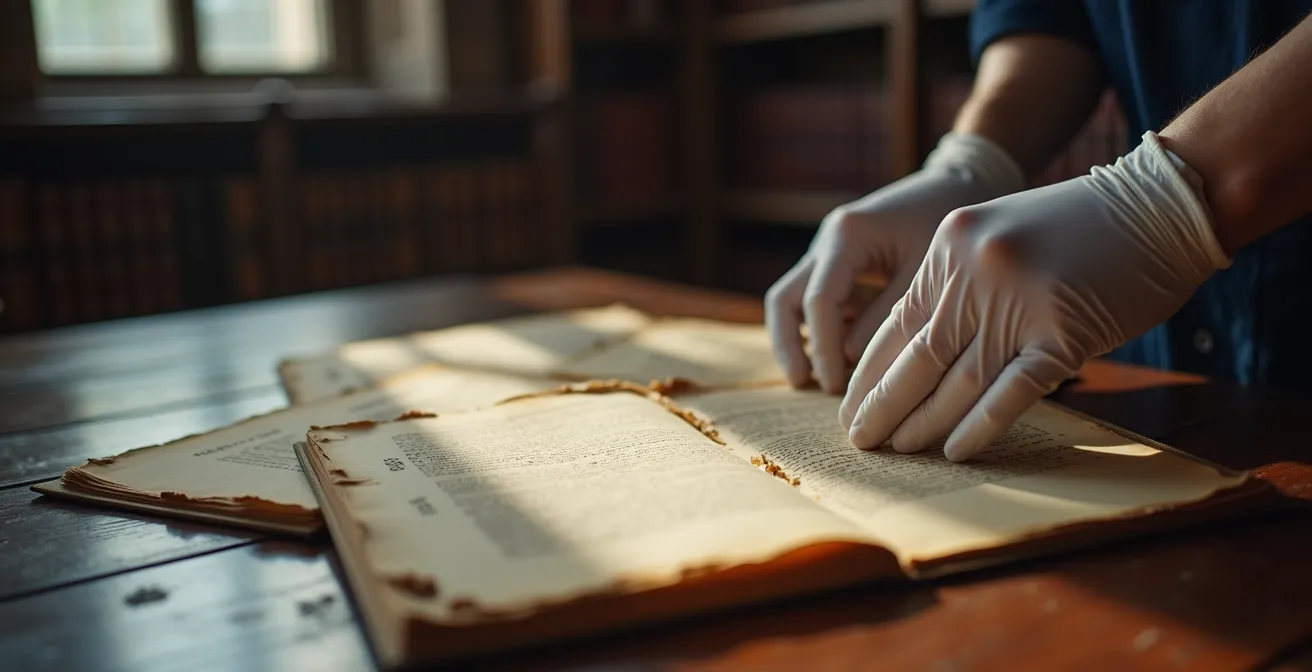 Manos trabajando con documentos históricos antiguos en biblioteca con luz natural