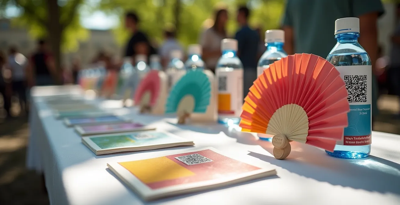 Mesa de autor con material promocional creativo y colorido en una feria del libro