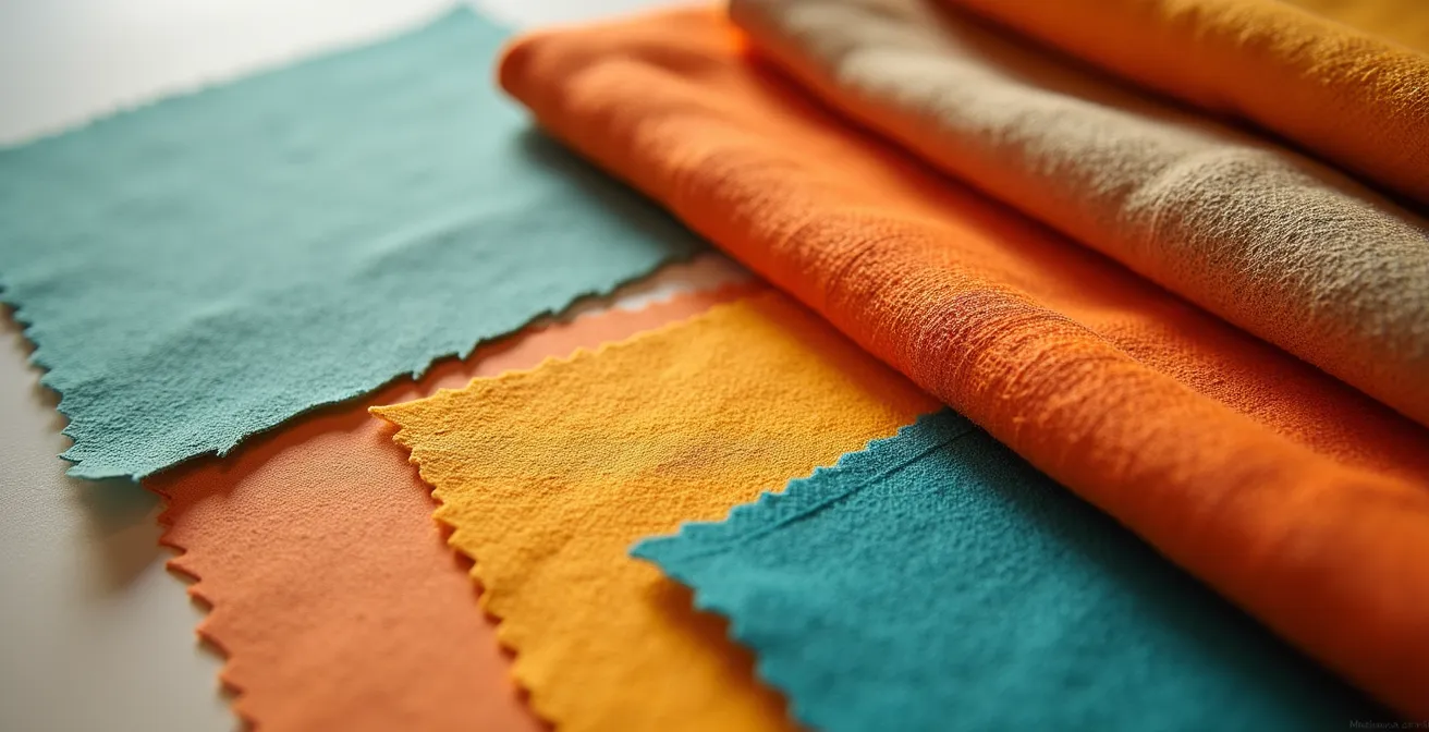 Mesa de trabajo con muestras de telas, tarjetas Pantone y fotografías de referencia organizadas por paleta cromática