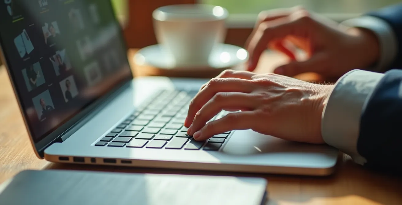 Profesional joven trabajando en su red de contactos desde un espacio tranquilo con laptop