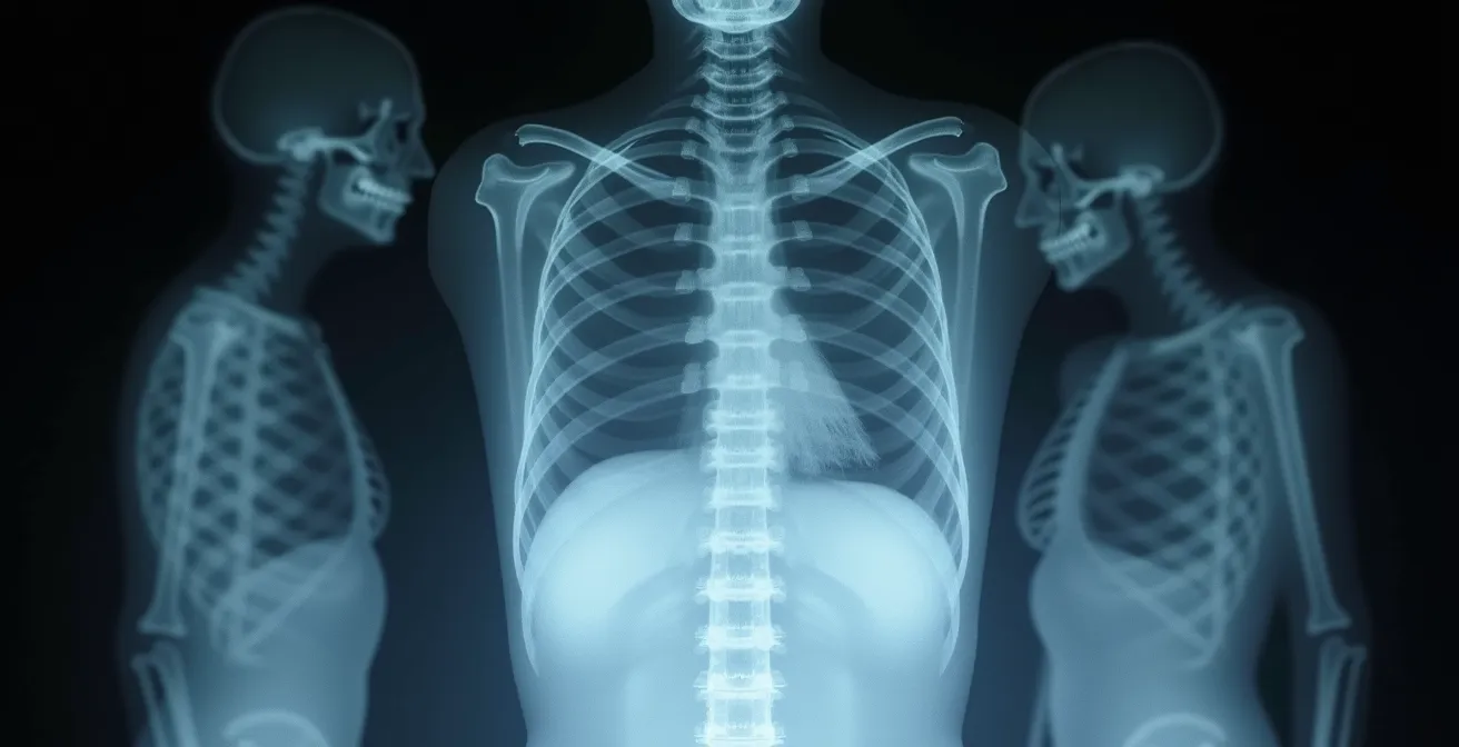 Radiografía de rayos X de una pintura clásica mostrando líneas fantasmales de figuras modificadas bajo la superficie