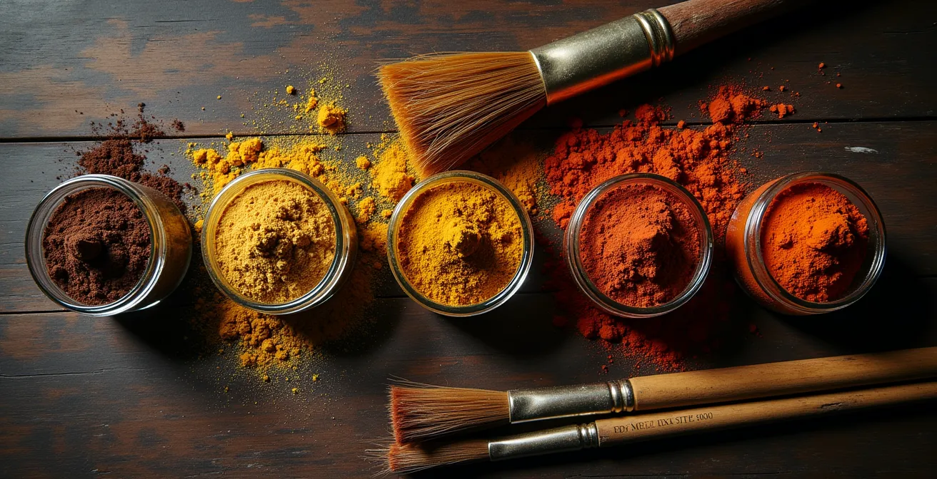 Pigmentos en polvo de colores tierra y ocres dispuestos junto a pinceles antiguos sobre mesa de madera oscura