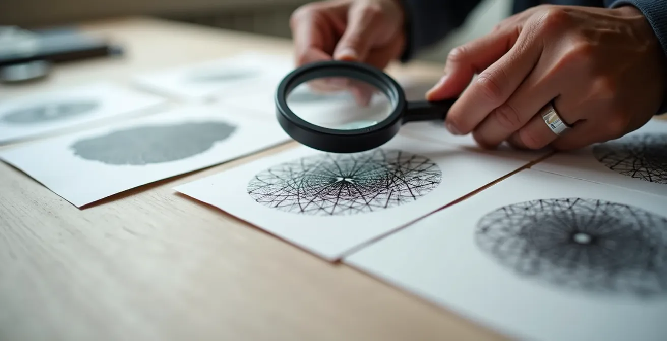 Mesa de trabajo con múltiples capturas impresas de variaciones algorítmicas