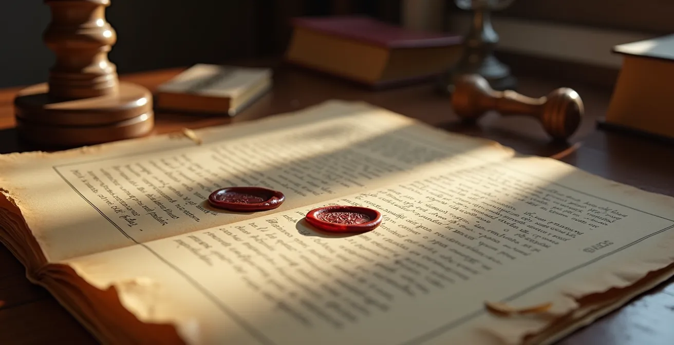 Mesa de trabajo con documentos legales antiguos y pluma estilográfica sobre escritorio de madera noble