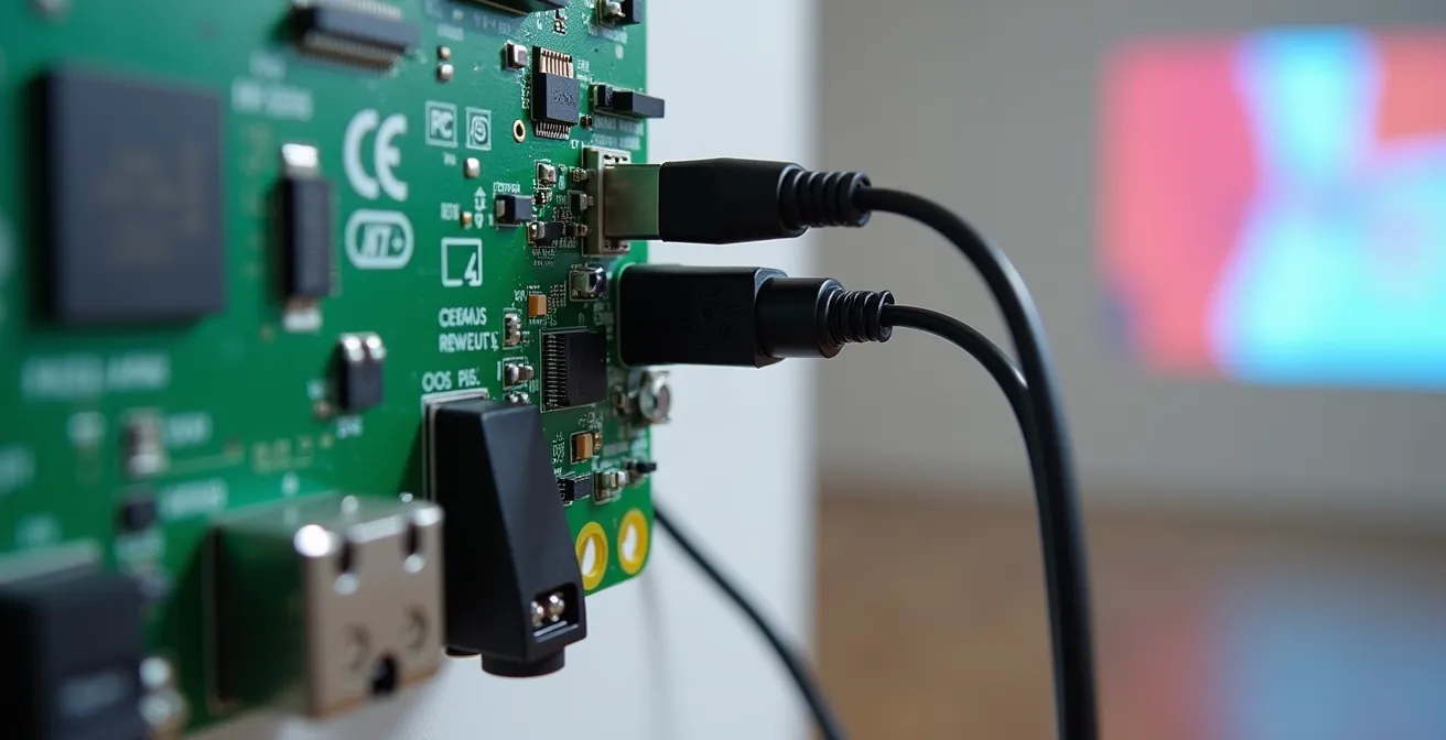 Instalación minimalista de Raspberry Pi montada detrás de monitor en galería de arte con cables organizados