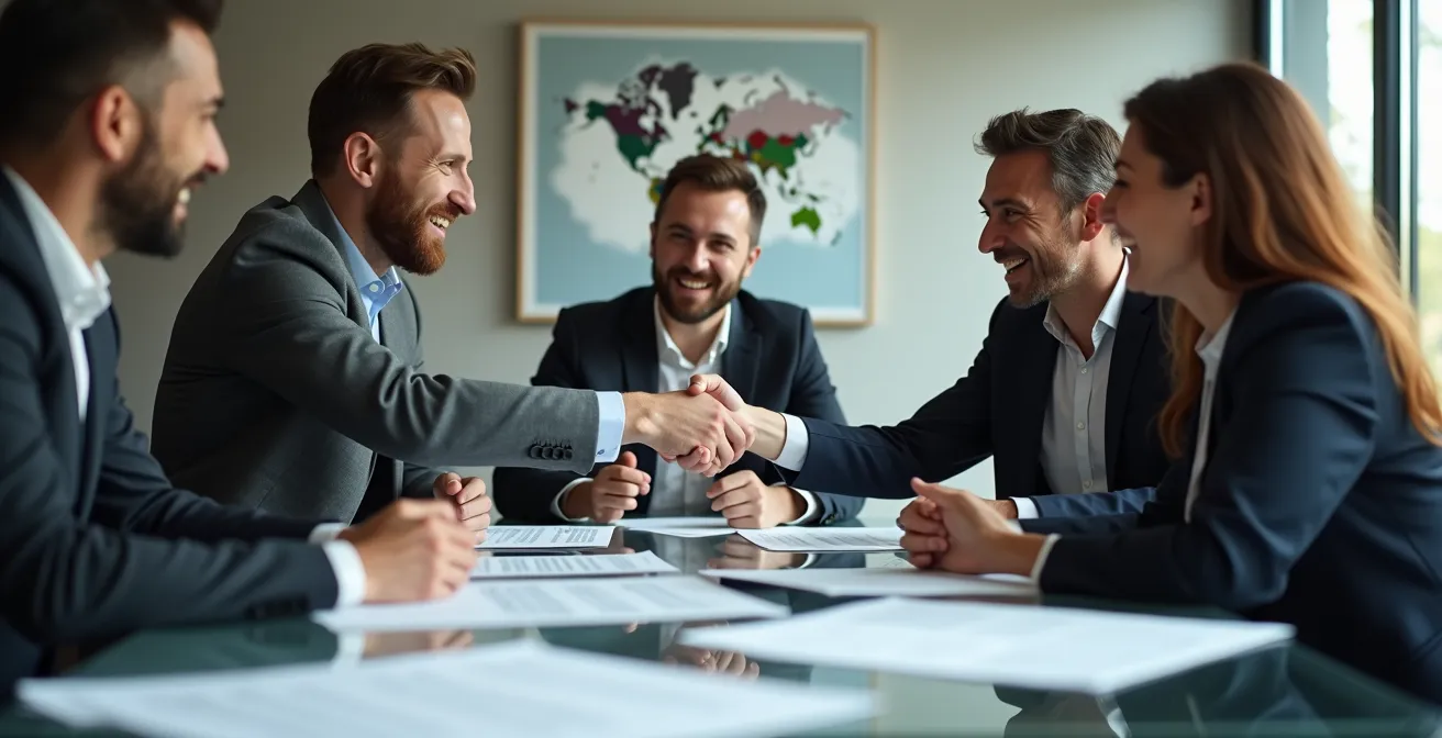 Reunión de coproducción entre productores españoles, franceses y argentinos en mesa de trabajo con documentos y banderas