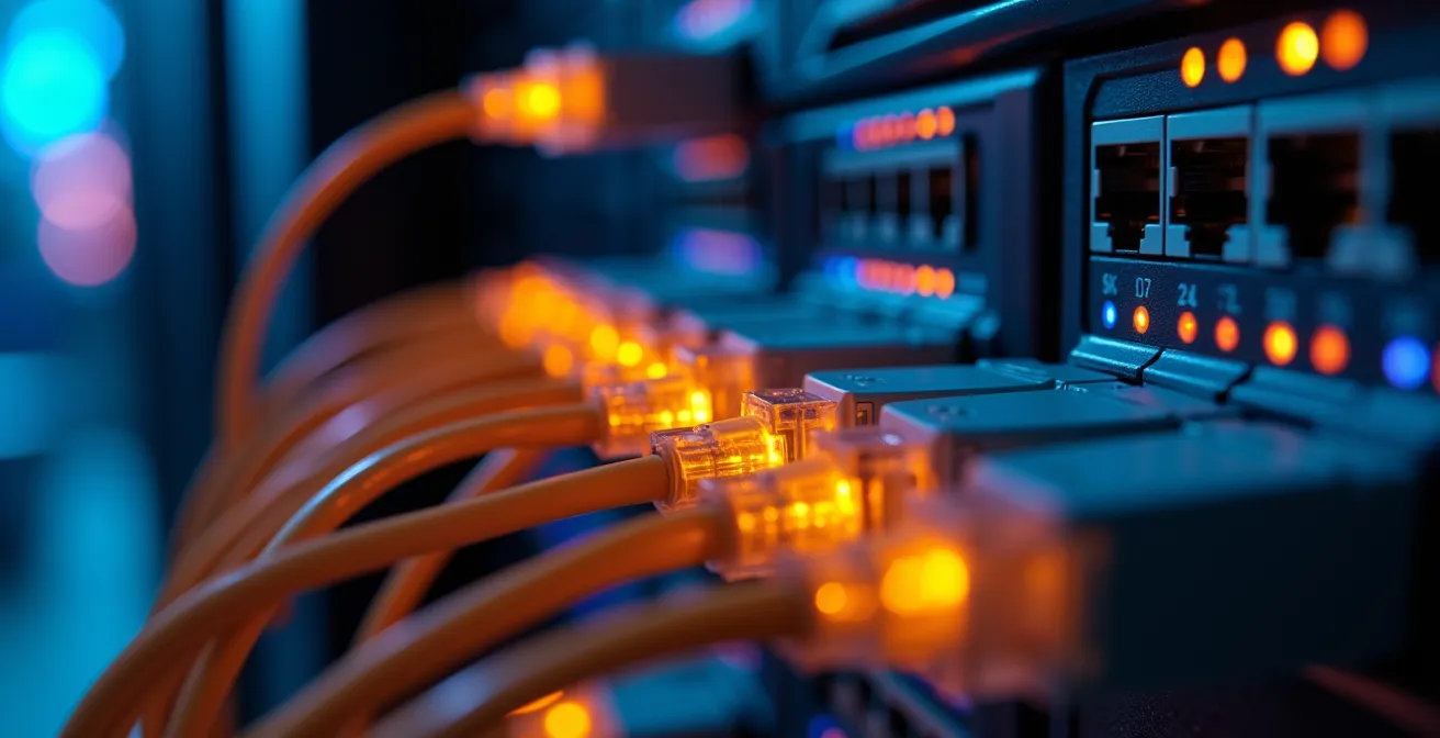 Sala técnica de un centro educativo con armario de servidores y cables de red organizados