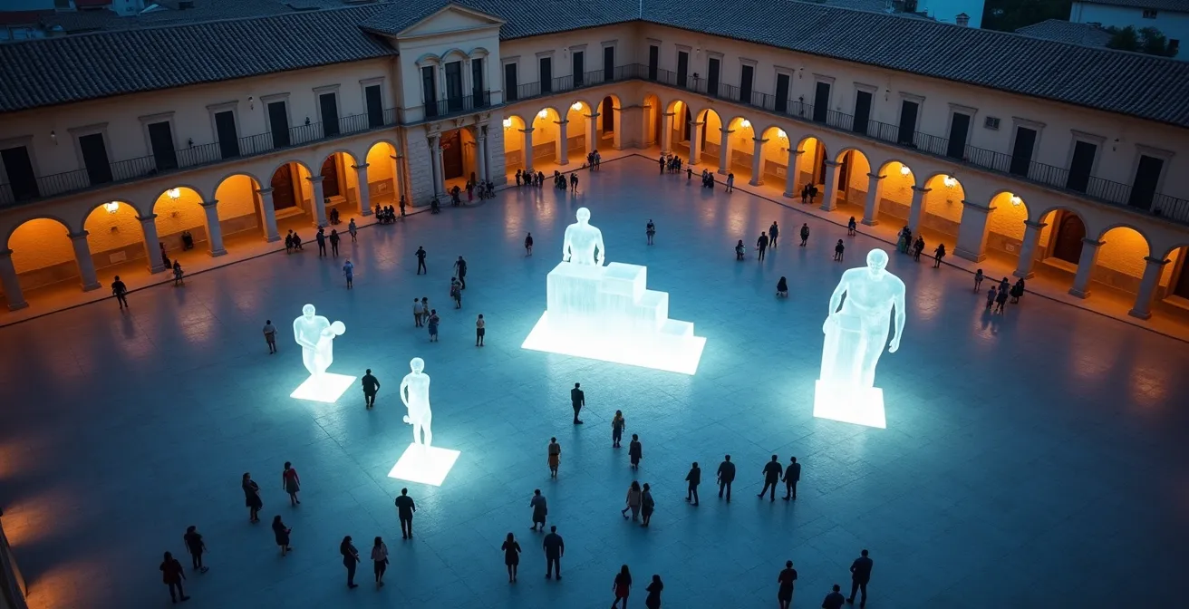 Vista aérea de plaza española con simulación holográfica de escultura mostrando diferentes escalas y proporciones