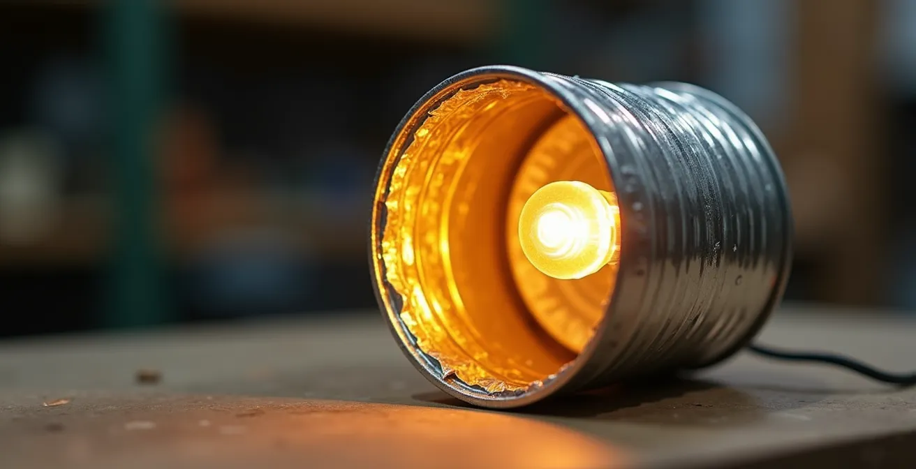 Vista macro de un foco artesanal hecho con lata reciclada y bombilla LED, mostrando texturas metálicas y reflejos